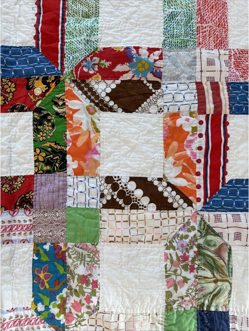 VTG 1970s Quilt Hand Stitched Squares Awesome Retro Fabrics Colorful 56x77” - Picture 2 of 15